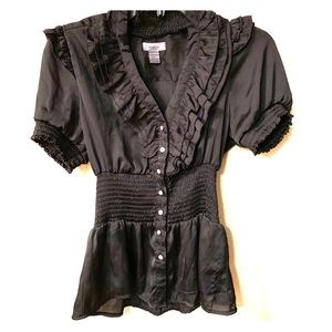 Black Satin Short Sleeve Dress Top - Size L